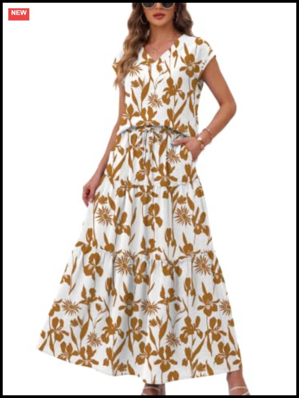2 Piece Skirt Set Women Flowy Maxi Skirts V Neck Cap Sleeve Polyester Summer